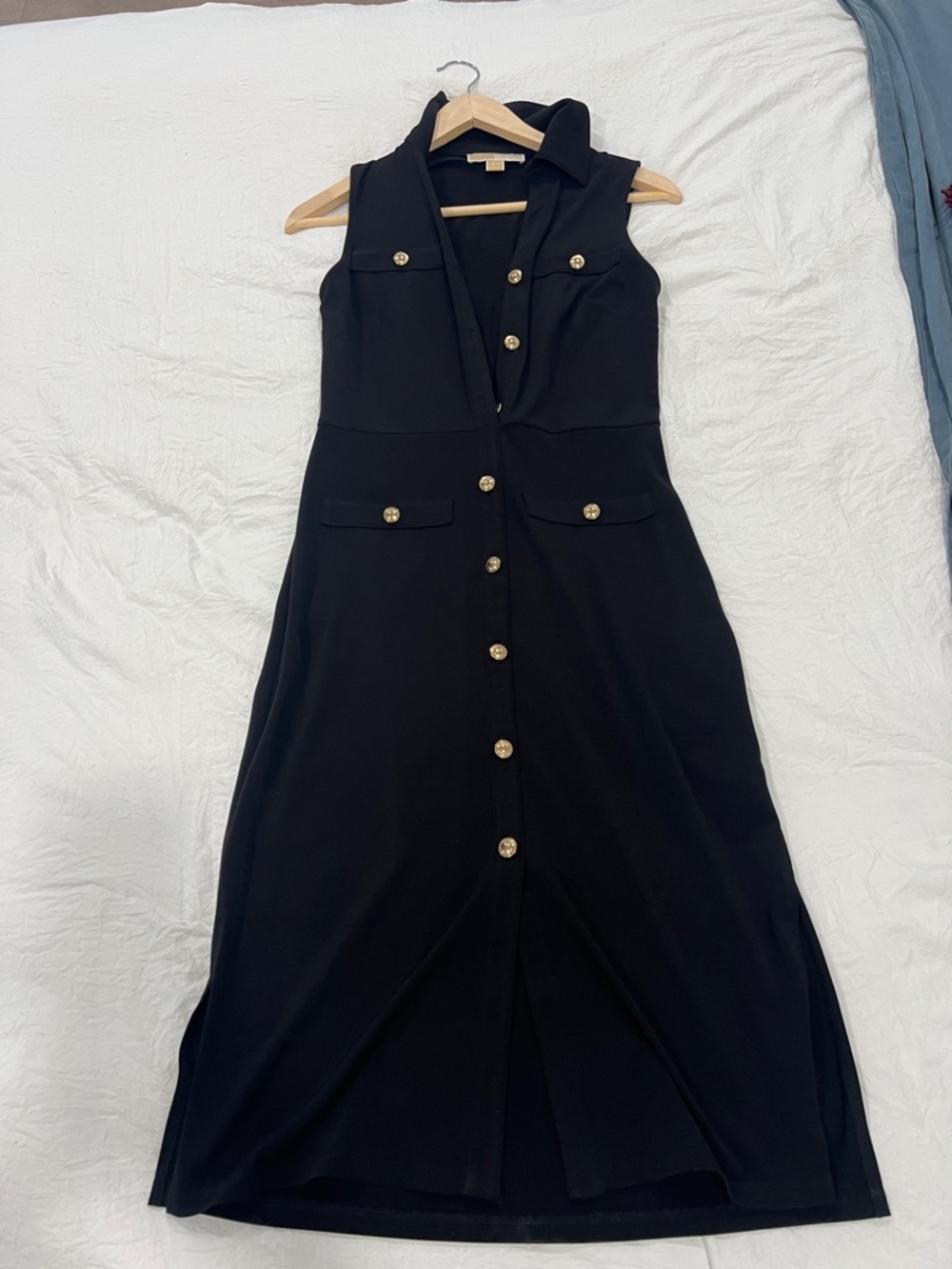 Michael Kors Black Sleeveless Button-Front Midi Dress with Gold Buttons